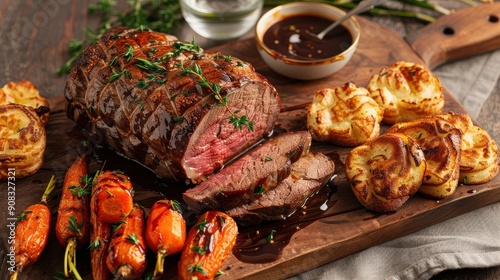 A succulent, juicy roast beef served with a side of tender, roasted carrots, savory Yorkshire pudding, and a rich, flavorful gravy, perfect for a hearty meal