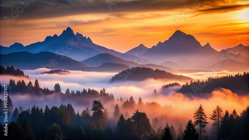 Vibrant silhouette of a misty mountain range at dawn, capturing the perfect balance of exposure, with softly illuminated peaks and darkly defined trees.