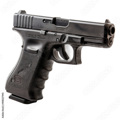 A black Glock 9mm handgun is displayed on a white background