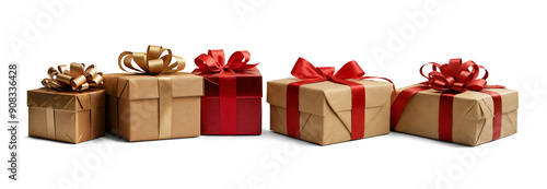 Christmas presents, wrapped with brown wrapping paper and shiny red and golden gold wrapping paper, lie in a row next to each other, isolated