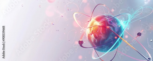 Anatomy of an atom depicted in a detailed illustration, top view, capturing the essence of atomic theory, scifi tone, Tetradic color scheme