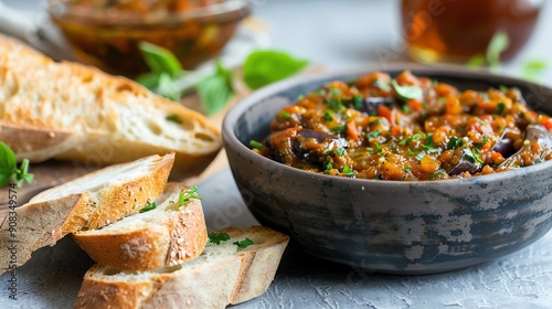 Italian breakfast spread featuring eggplant caponata and fresh baguette slices