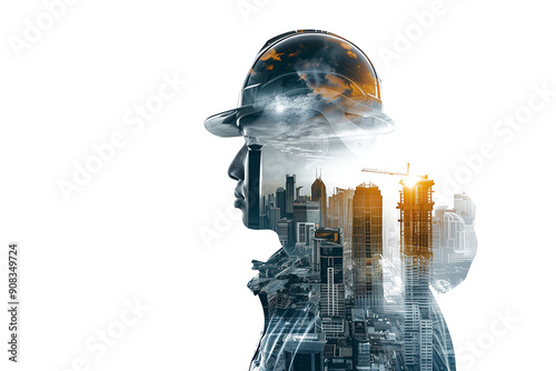 Double exposure of construction worker wearing safety helmet with urban skyline isolated on transparent background