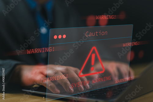 System warning hacked alert, cyberattack on computer network. Cybersecurity vulnerability, data breach, illegal connection, compromised information concept. Malicious software, virus and cybercrime.