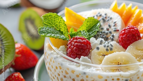 Close-up of a delicious fruit and yogurt parfait garnished with fresh mint, including kiwi, strawberries, raspberries, and banana, showcasing a nutritious breakfast option.