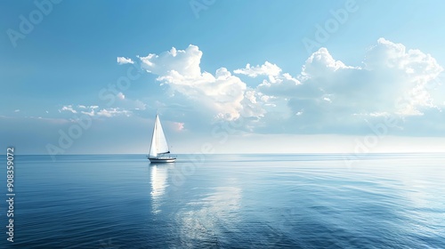 A sailboat on the calm ocean with a blue sky and white clouds.