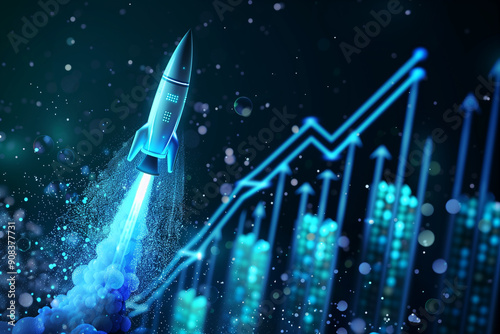 A dark-themed digital artwork featuring a sleek futuristic rocket launching amidst a rising graph, symbolizing growth and innovation against a starry backdrop