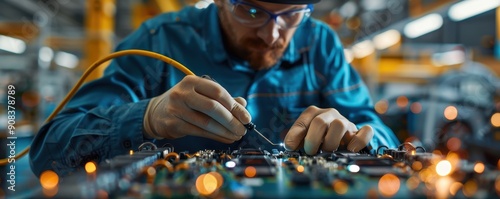 A technician wearing gloves and safety glasses soldering electronic components in a well-lit and modern workshop.