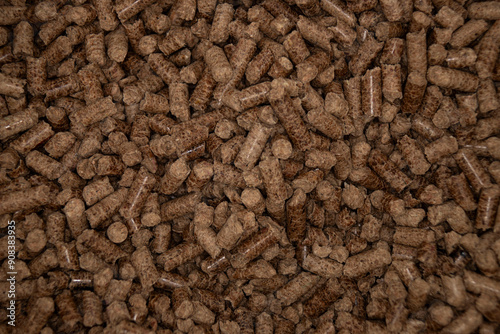 close up wood pellets for wood pellet grill, top view, copy space