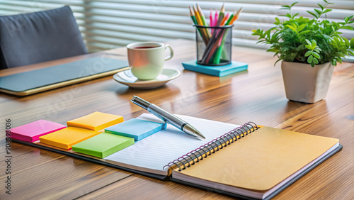 A neatly organized desk with a notebook, pen, and a set of colorful sticky notes highlighting important guidelines and regulations in a corporate environment.