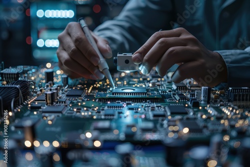 A close-up of a technician using precision tools to work on a complex circuit board, highlighting the intricacies of electronic engineering.