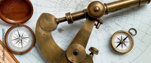 Antique brass sextant on a nautical chart, perfect for maritime exploration