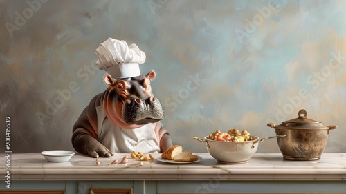 Humorous hippo in chef's hat attempting to cook.