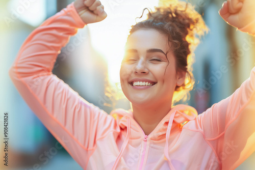 Joyful Woman Celebrating Success Outdoors in the City