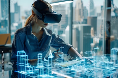 Female professional in a virtual meeting with VR glasses, viewing an augmented reality city blueprint while discussing a megapolis project, contemporary office background.