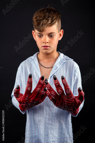 Little boy in a nightshirt, staring in disbelief at his hands which have transformed into red devil claws