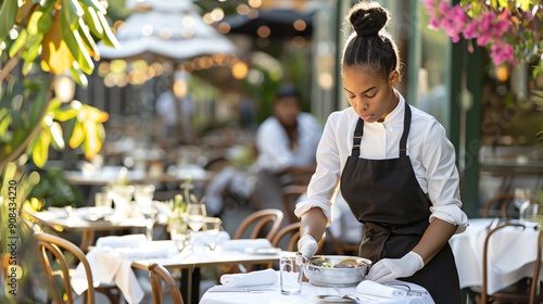 A waitress setting a table at an outdoor cafe.