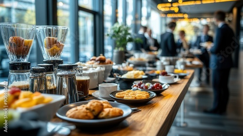 Business Buffet Table with Coffee, Pastry, and Fruit.