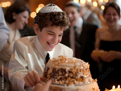 A boy celebrates his bar mitzvah with family and friends in a traditional Jewish ceremony.