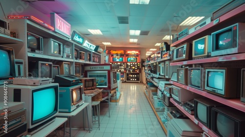 A 80's electronics store with vintage TVs, cassette players, and video game consoles displayed on shelves.