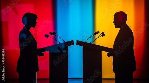 Debates highlighting key issues, close up, vivid shades Double exposure silhouette with debate podiums