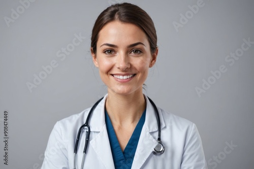 Smiling friendly young female professional confident doctor in white coat with phonendoscope on neck posing with folded hands head shot.