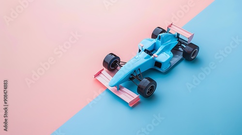 A toy race car set on a light pink and blue background