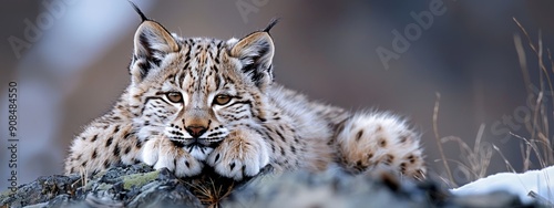  A snow leopard up close, atop a snow mound, near stones