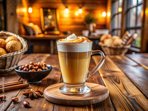 Rich aroma of freshly brewed coffee fills the air as a warm cup of creamy toffee nut latte sits on a wooden table in a cozy cafe.