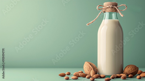  a cute bottle of almond milk with roasted almond beans sprinkled around it, set against a soft pastel green background