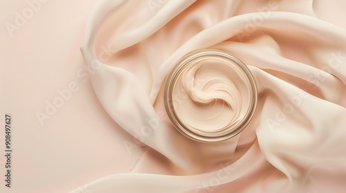 A jar of face cream on a soft, pink silky fabric.