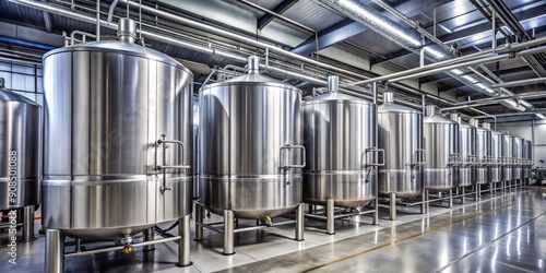 Row of shiny stainless steel tanks, varying in size, aligned in a modern industrial facility for mixing and storing liquids in the food industry.