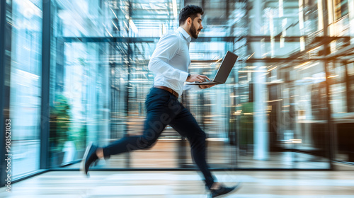 A man is running through a modern office while using a laptop, symbolizing urgency, fast-paced work, and multitasking in business.