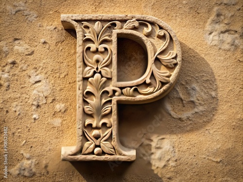 Close-up of intricately carved stone letters forming the alphabet P, with detailed textures and earthy tones, set against a muted background with natural shadows.