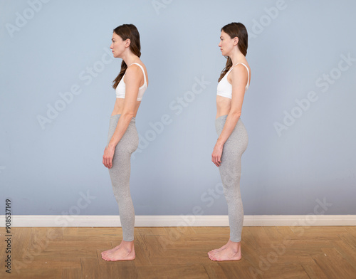 Good posture and bad posture of a woman, side view