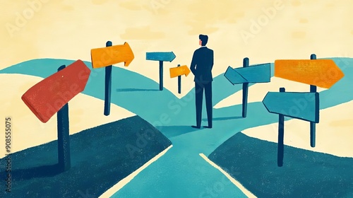 Leadership Decision Making An illustration of a leader standing at a crossroads with multiple signposts,