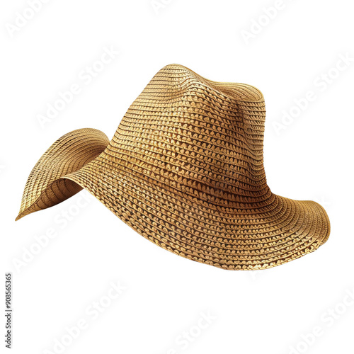 Brown woven straw Beach hat isolated on white background, summer relaxation