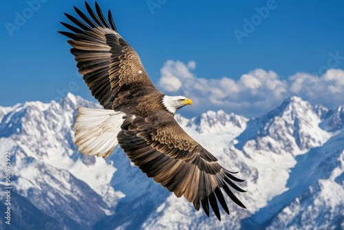 Majestic eagle soaring over mountains, copy space for text