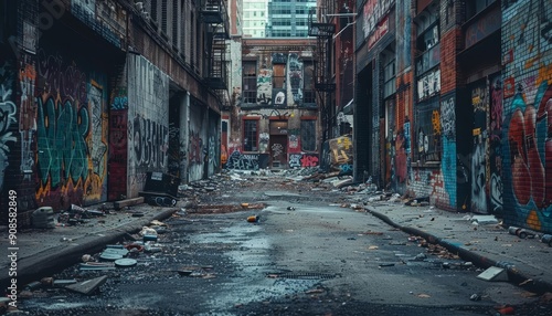 A grunge urban alleyway with graffiticovered walls, broken windows, and dim lighting, Photography, High contrast, Gritty texture