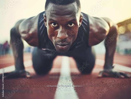 A determined athlete prepares for a race. AI.