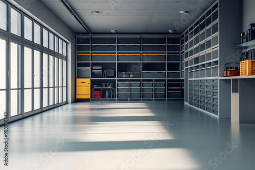 An empty, spacious garage with a clean floor and organized storage racks along the walls, suggesting ample space for vehicles or storage needs