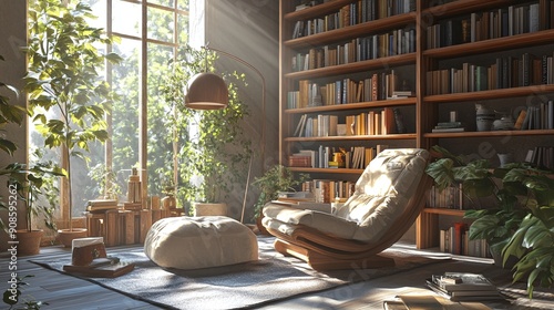 A modern reading room with wooden shelves, a recliner, and a large floor lamp. Generative AI.