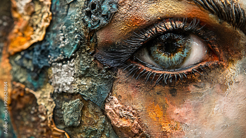 Photography of a close-up of a tempera artwork with intricate details and layered textures, captured in high resolution to emphasize the craftsmanship and depth of the painting 