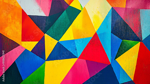 Photography of a vibrant poster color painting featuring bold geometric patterns, captured in UHD to highlight the intensity and clarity of the colors 