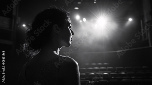 Photography of an actress delivering a monologue in a theater, with high-definition detail capturing the dramatic lighting and the engaging performance 