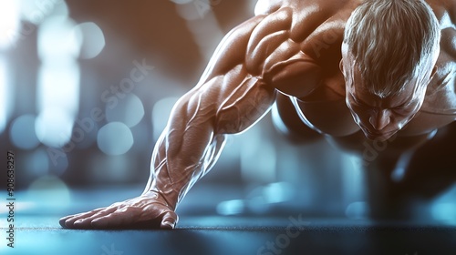 Close-up of a triceps muscle flexed during a push-up, detailed muscle fibers and veins, gym lighting creating dramatic highlights, realistic and gritty style, focused and disciplined mood