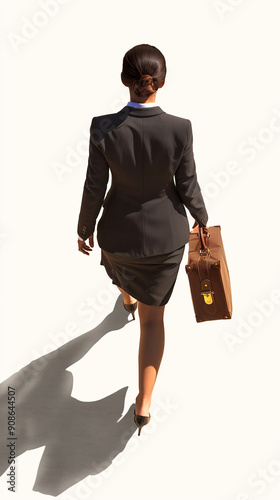 Une femme en costume jupe tailleur marche en tenant une mallette, dessin représentant la vie professionnelle, avec ascension sociale échelon hiérarchique, sur fond blanc avec vue de dos et du dessus