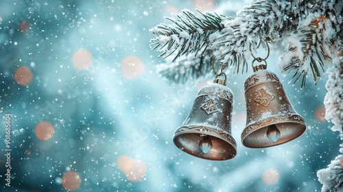 Frosted pine branch with vintage bells in snowy background evoking holiday spirit and winter charm. Concepts include Christmas, festivity, and seasonal traditions