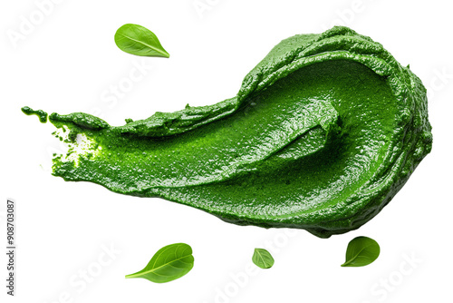 Green italian Pesto spread or blob isolated on white background. homemade spilled sauce made of ground basil top view isolated on transparent background PNG