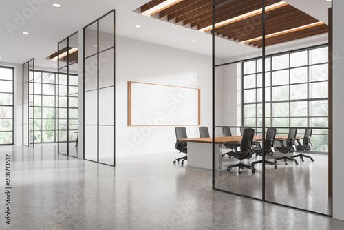 Modern conference room with glass walls and natural light. 3D Rendering